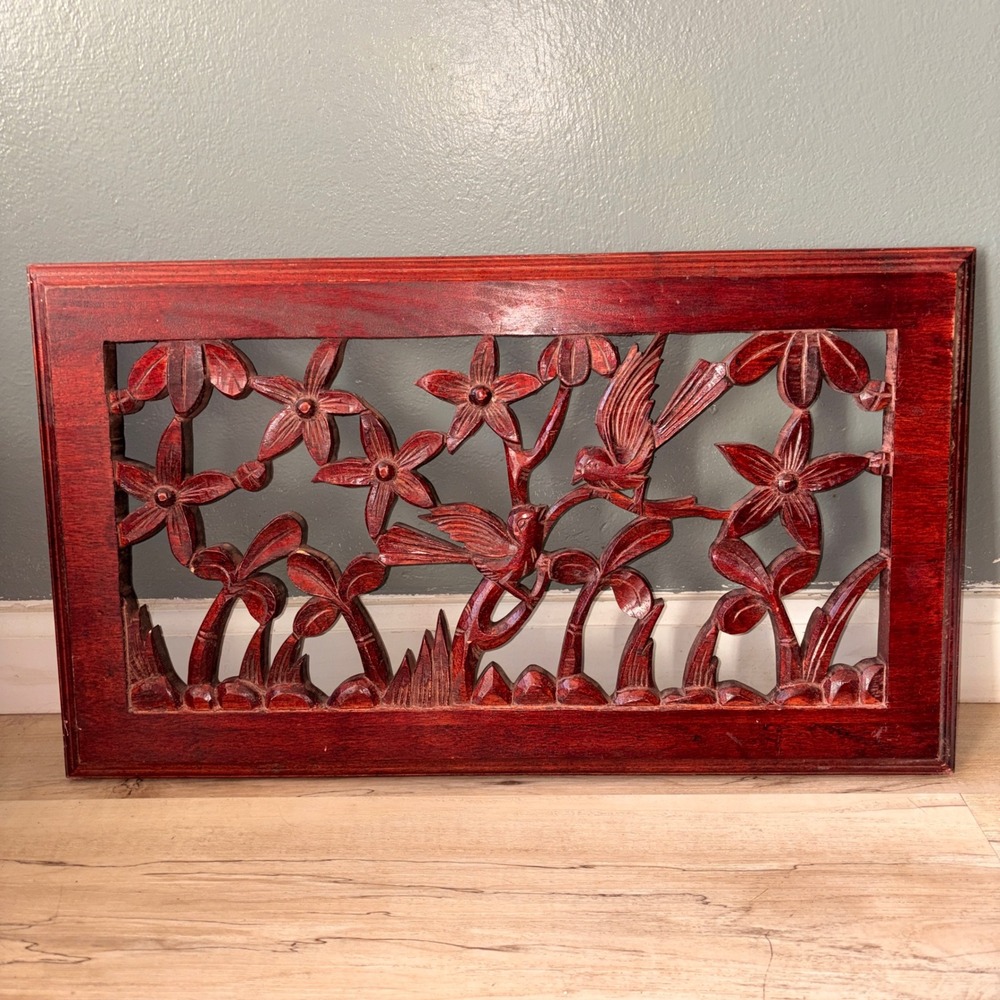 Vtg Hand Carved Red Wood Wall Art Birds Flowers Tropical Relief Panel 24x12.5